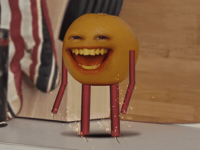 An Orange With Arms And Legs Is Smiling And Looking At The Camera GIF