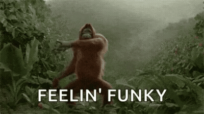 An Orangutan Is Dancing In The Jungle With The Words `` Feelin ' Funky '' . GIF