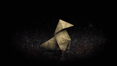 An Origami Bird With A Bloody Beak Is Sitting On A Dark Surface GIF