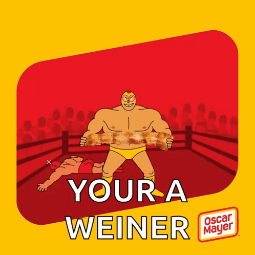 An Oscar Mayer Ad With A Cartoon Character Holding A Bacon GIF