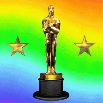 An Oscar Statue Stands In Front Of A Colorful Background GIF
