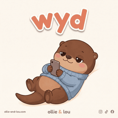 An Otter Wearing A Blue Sweater Is Laying Down And Looking At A Cell Phone With The Word Wyd Above It GIF