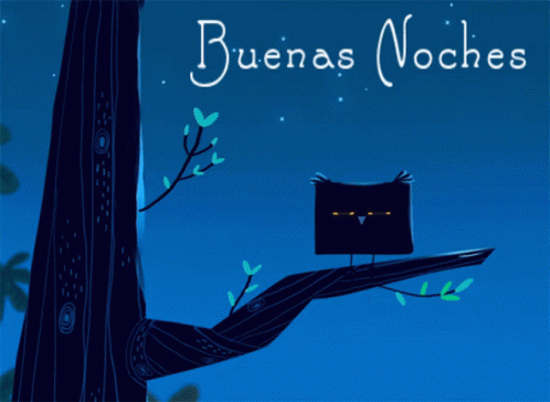 An Owl Is Sitting On A Tree Branch With The Words Buenas Noches Written Above It GIF