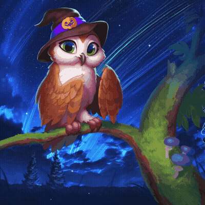An Owl Wearing A Witch Hat With A Pumpkin On It Sits On A Branch GIF