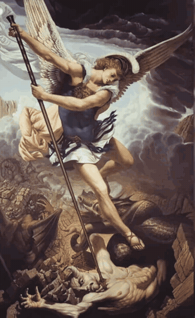 Angel Holding Cane Over Demon GIF