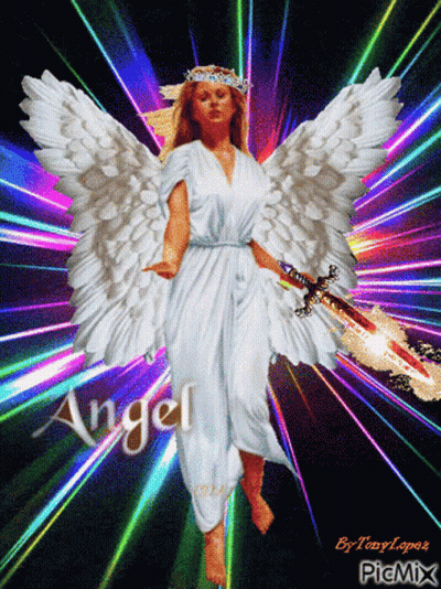 Angel Holding Sword With Angel Behind GIF