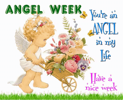 Angel Pushing Wheelbarrow Of Flowers Saying Angel Week GIF