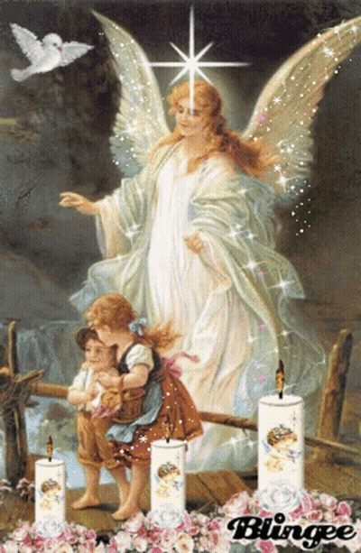 Angel Standing Over Two Children With Candles And Flowers GIF