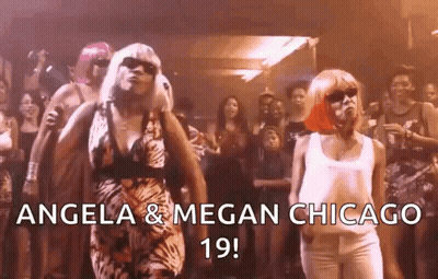 Angela And Megan Chicago Are Dancing In Front Of A Crowd Of People . GIF