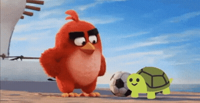 Angry Bird Standing Next To Green Turtle With Soccer Ball GIF