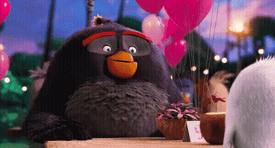 Angry Birds Sitting At Table With Balloons GIF