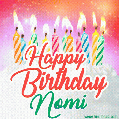 Animated Birthday Card For Nomi With Candles On A Cake GIF