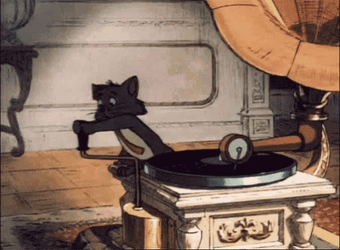 Animated Black Cat Playing With Broken Record GIF