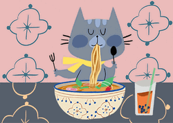 Animated Cat Enjoy Eating Noodles GIF