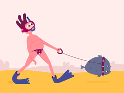 Animated Guy In Underwear Walking With Pet Fish GIF