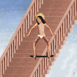 Animated Jesus Skateboarding Stairs Heaven Fall