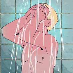 Animated Man Touching His Face While Showering GIF