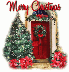 Animated Merry Christmas Red Door Wreath GIF