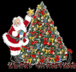 Animated Merry Christmas Santa Putting Up Star GIF