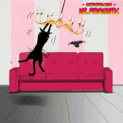 Animated Monday Black Cat Hanging From Chandelier GIF