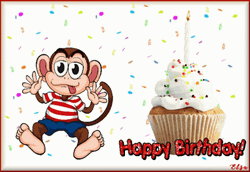 Animated Monkey Happy Birthday Cupcake Confetti GIF