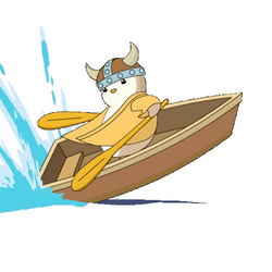 Animated Penguin Row The Boat Wearing Viking Helmet GIF