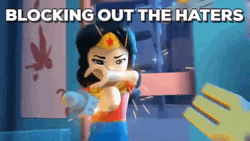 Animated Super Woman Blocking Out The Haters GIF
