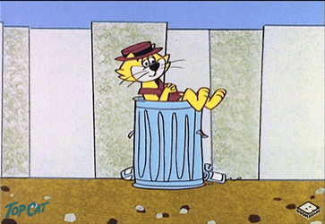 Animated Top Cat Sitting In Garbage Bin GIF