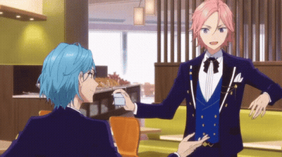 Anime Characters Blue Hair And Pink Hair Talking GIF
