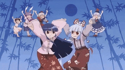 Anime Characters Dancing In Front Of Blue Background With Bamboo GIF