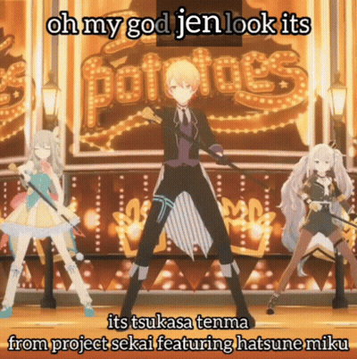 Anime Characters Dancing In Front Of Potatoes Sign GIF