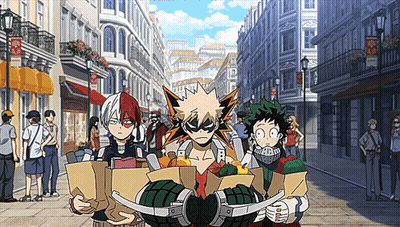 Anime Characters Holding Groceries On City Street GIF