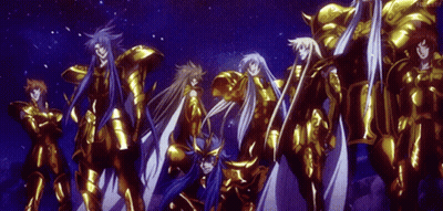 Anime Characters in Gold Armor Standing in a Row