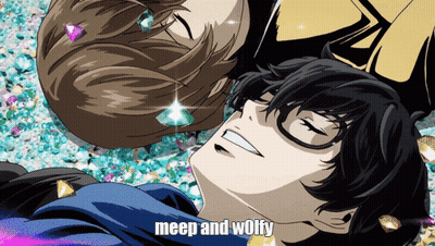 Anime Characters Laying Next To Each Other With Meep And Wolfy GIF