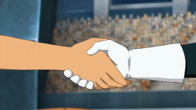 Anime Characters Shaking Hands In Front Of TV Tokyo Sign GIF