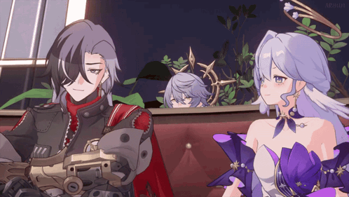 Anime Characters Sitting With Purple Flower GIF