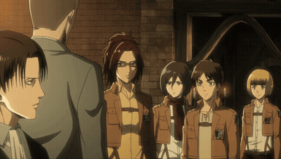 Anime Characters Standing In Front Of Brick Wall With Man In Suit GIF