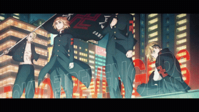Anime Characters Standing In Front Of Gang Building GIF