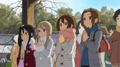 Anime Characters Standing In Line With Hands Folded GIF