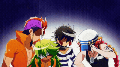Anime Characters Standing Together With Blue Hat Letter O GIF