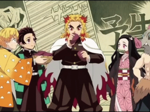 Anime Characters Standing Together With Food GIF