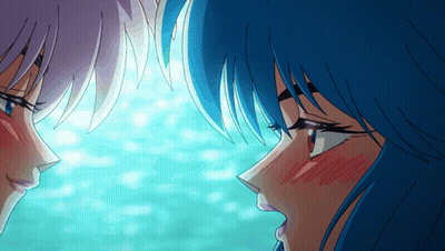 Anime Characters With Blue Hair Looking At Each Other GIF
