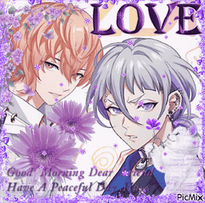 Anime Characters With Purple Flowers And Love GIF