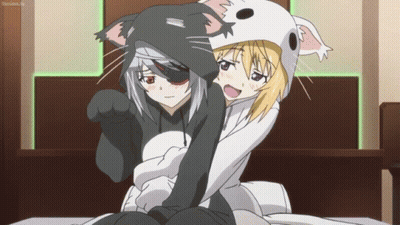 Anime Couple Laying On Bed One In Cat Costume GIF