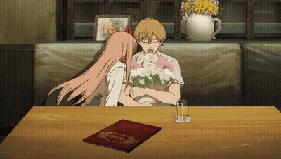 Anime Couple Sitting At Table With Menu GIF