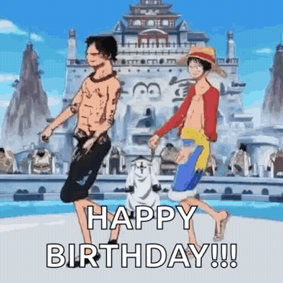 Anime Couple Walking In Front Of Castle Saying Happy Birthday GIF
