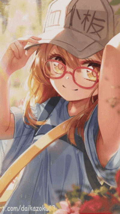 Anime Girl Glasses Baseball Cap Chinese Characters GIF