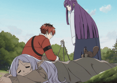 Anime Girl Laying On Rock With Group GIF