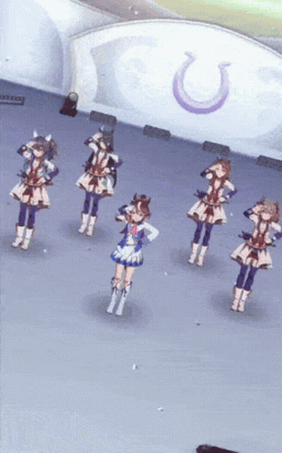 Anime Girls Dancing In Front Of Horseshoe Wall GIF