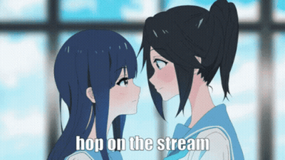 Anime Girls Looking At Each Other Hop On The Stream GIF